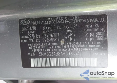 2010 Hyundai Santa Fe Gls from USA, damaged, VIN 5NMSG3AB8AH397853